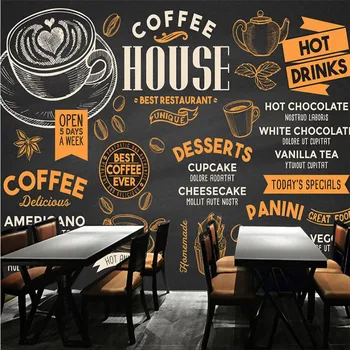 Ръчно Рисувани Кафе, Тема на Черен Фон Стенни Тапети 3D Кафене Ежедневното Кафе Снек-Бар Индустриален Декор Тапети 3D