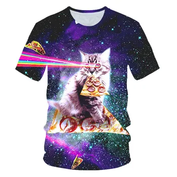 2022 Нова Галактика Космическите 3D Тениска Прекрасен Коте Котка Яде Тако Пица Забавни Върхове Тениска С Къс Ръкав Летни Ризи Оверсайз Тениска