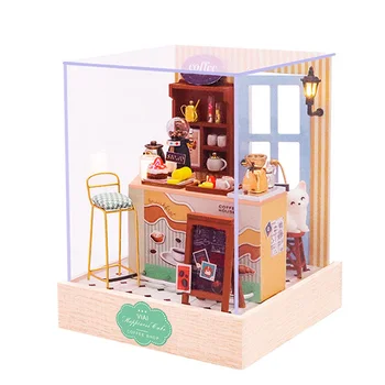 DIY Wooden Нова Куклена Къща Комплект С Миниатюрни Мебели Кафене Roombox Casa Торта Стая Куклена Къща, Играчки За Възрастни Коледни Подаръци