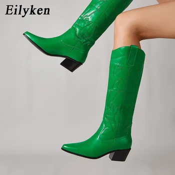 Eilyken/зелени Дамски Ботуши до коляното със златна бродерия; колекция 2023 г.; зимни Каубойски ботуши в стил уестърн в стил пънк с остри пръсти; Марка Дизайнерски обувки