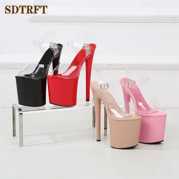 SDTRFT/ Своеобразна Модна Червена Обувки; Дамски Пикантни Прозрачни Обувки-лодка на Платформа с Отворени Пръсти от 20 см; ултра-Тънки Сандали на Висок Ток