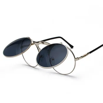 Steampunk Кръгли Слънчеви Очила Женски Мъжки Метални Реколта Флип Кръгли Слънчеви Очила С Двойни лещи Стил КРЪГ Нюанси Gafas Oculos De S