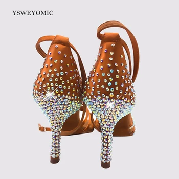 Висок ток танцови обувки Salsa dance жени Тан Сатен цветни Crystal гъвкава мека замшевая подметка бачата танцови обувки за танци