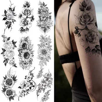 временна татуировка на ръкава, водоустойчив татуировка, стикер за жени, цветя, роза, божур, черна татуировка е временна, сексуална, боди арт, мода