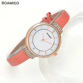 Дамски часовници Boamigo, модерни кварцови часовници под рокля, дамски Часовник-гривна, нежна Кожа Часовник С кристали, Reloj de mujer