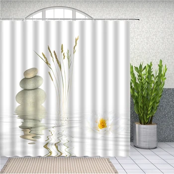 Камъни и Бял Лотос във Вода Завеса за душ Zen SPA Бяла Баня от Водоустойчив по-дълги от Полиестерен плат за Декор на Бани