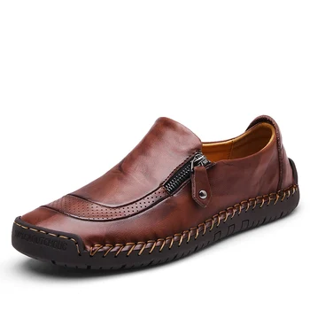 Класически мъжки ежедневни обувки от естествена кожа, дишащи мъжки мокасини върху плоска подметка, лоферы с цип, мъжки обувки за шофиране, по-големи Размери 38-48