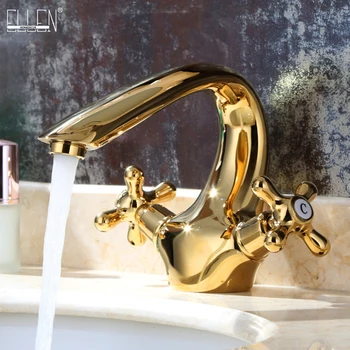 Луксозен кристална месинг златен смесител за мивка за баня върху бортике с двойна дръжка за смесване на топла и студена вода Златни смесители EL7426