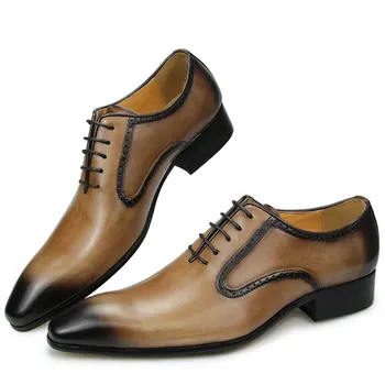 Модел Обувки за Мъже От Естествена Кожа, Черно, каки, Оксфорд Костюмная Обувки За Сватбени Партита, Елегантна Официална Бизнес Реколта Ръчно изработени Обувки