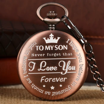Най-Луксозни Розови златни часовници За моя син, с надпис, кварцови часовници джобни, верига, Творчески, ОБИЧАМ ТЕ, Подаръци за Рожден Ден, за Мъже, на сина си, като колекционерска стойност