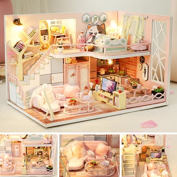 Направи си САМ Куклена Къща, Мебели, Малък Куклен Дом Комплект Играчки За Деца Ръчно изработени Модел на Сградата Коледен Подарък Дървена Къща Roombox