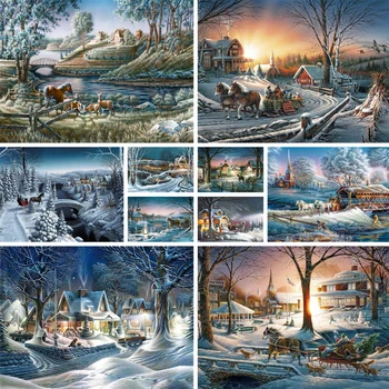 Пейзаж Снежна Къща САМ Картина От Номера Пълен Комплект Маслени Бои 40*50 Оцветяване на Номерата На Стенни Картини Занаяти За Възрастни