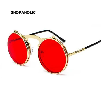 Ретро Червени Кръгли Метални Слънчеви Очила В Стил Steampunk, Мъжки И Дамски Модни Очила, Маркови Дизайнерски Vintage Слънчеви Очила, Мъжки И Женски, Отлично Качество