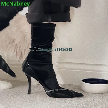 Черни дамски Еластични ботуши с остри пръсти, 2022 г. без шнур, с тясна Лента, до средата на прасците, на тънък Висок Ток с Ръчно изработени, Модни обувки за Подиум