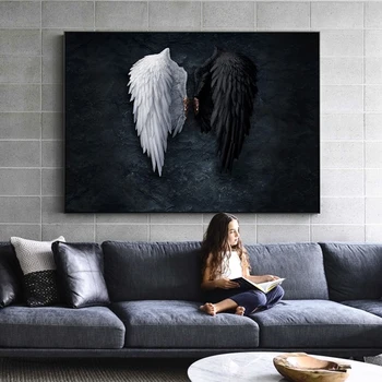 Черно-Бели Крила на Ангел Платно Художествени Плакати и Щампи Съвременно Изкуство Платно на Картина На Стената Художествени Картини За Хол